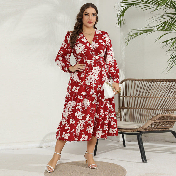 Plus Size Red Floral Wrap V Neck Long Sleeve Midi Dress