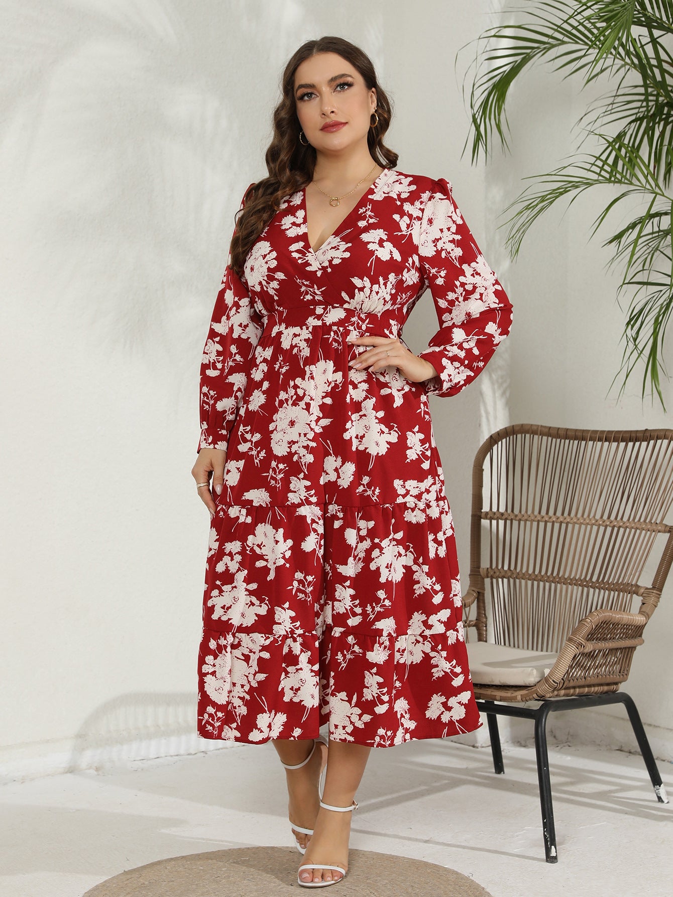 Plus Size Red Floral Wrap V Neck Long Sleeve Midi Dress – Pluspreorder