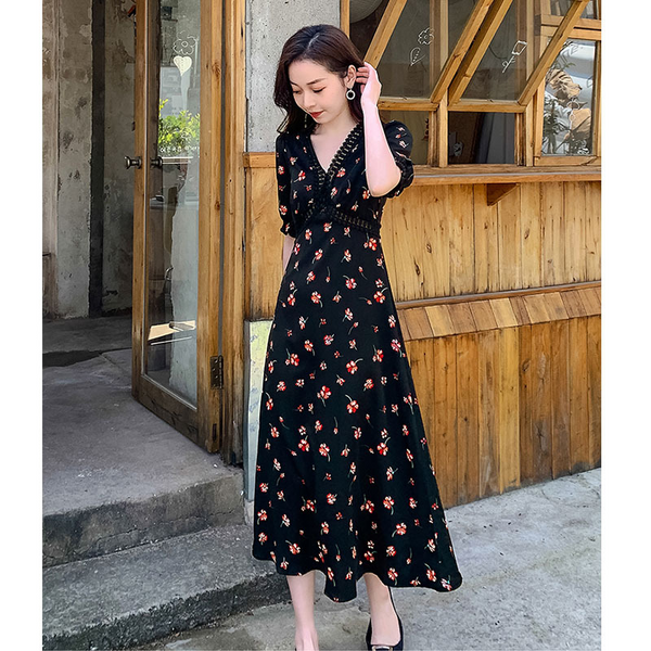 Plus Size Red Floral Lace Korean Short Sleeve Dress