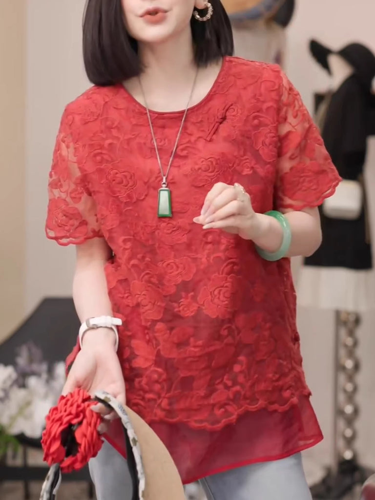 Plus Size Qipao Button Red Lace Round Neck Short Sleeve Tunic Blouse