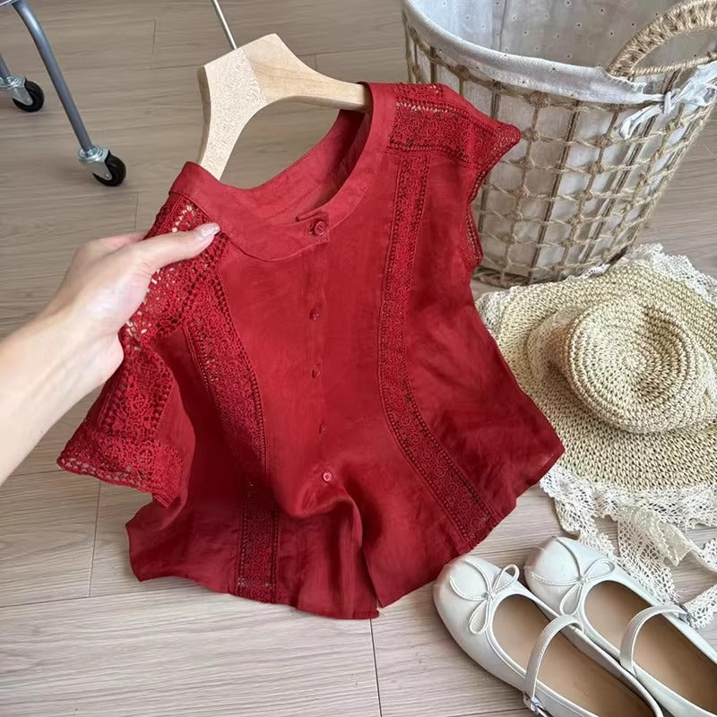 Plus Size Red Lattice Lace Linen Button Blouse