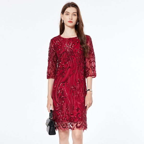 Plus Size Red Sequin Lace 3/4 Sleeve Formal Dress