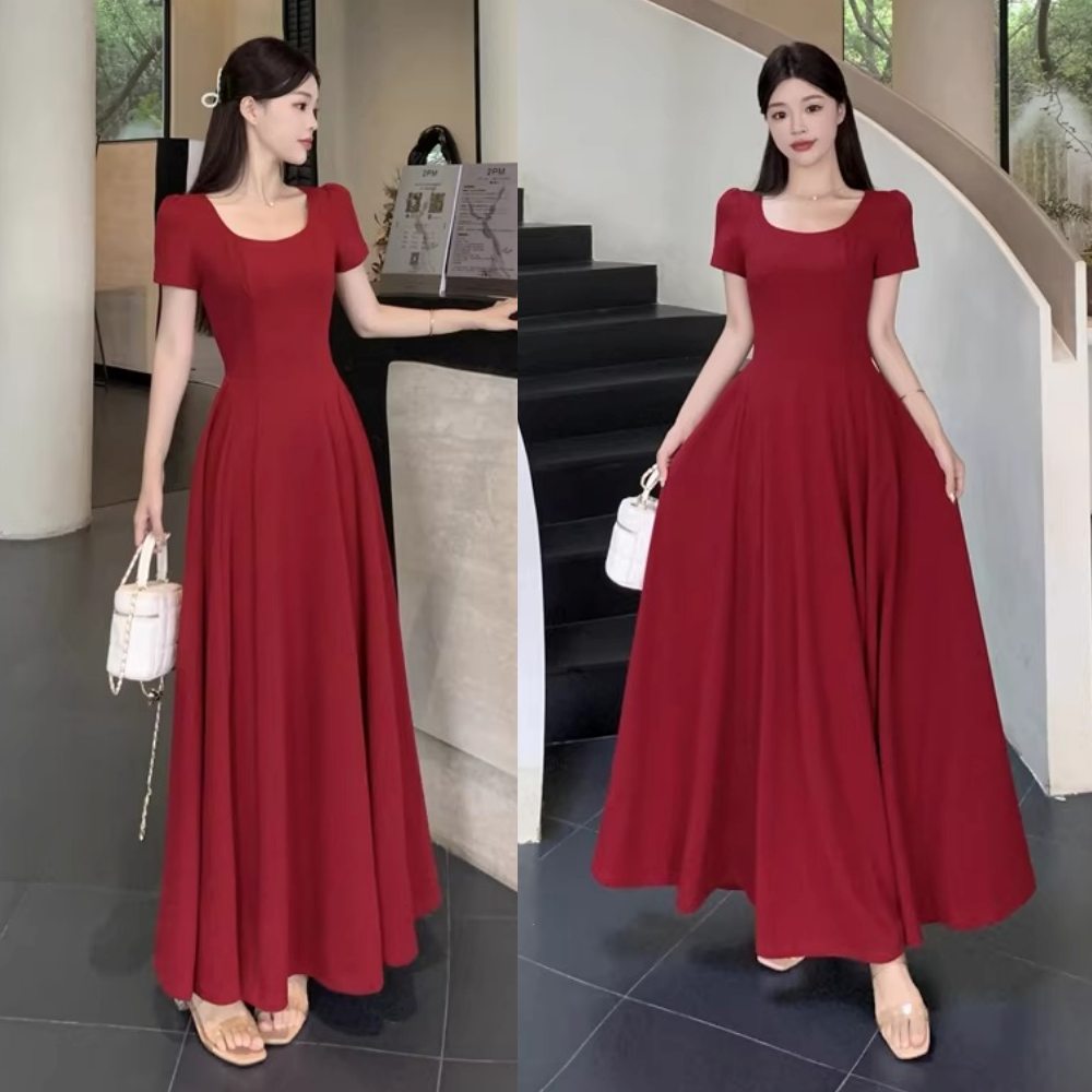 Plus Size Red Square Neck A-Line Midi Dress
