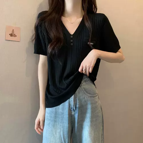 Plus Size Rib Knit V Neck Pocket Loose Blouse