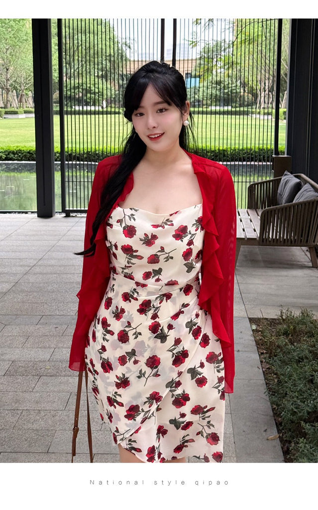 Plus Size Rose Dress with Red Cardigan