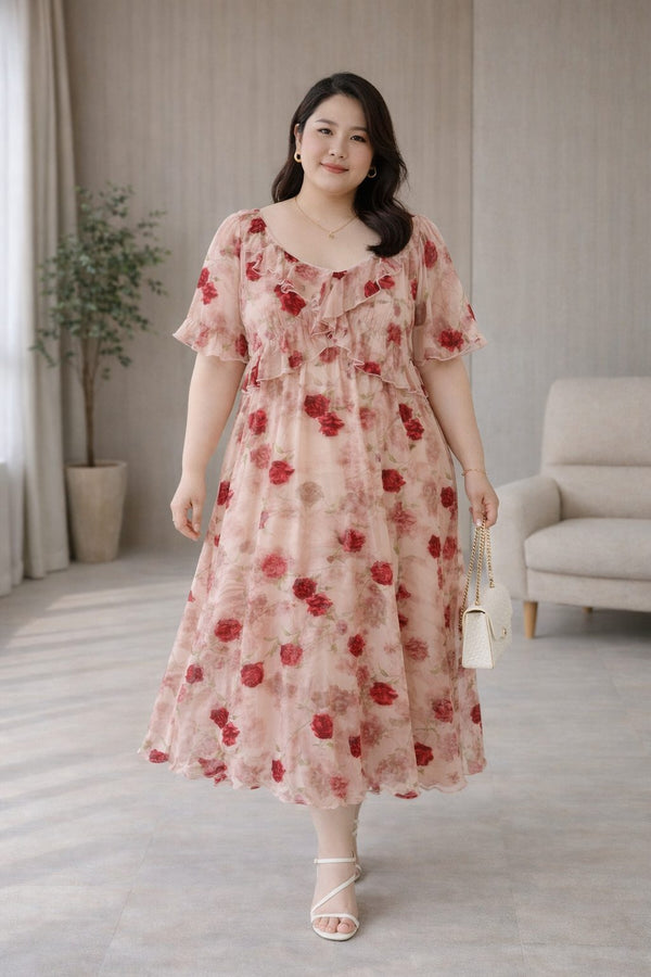 plus size rose print babydoll midi dress front view
