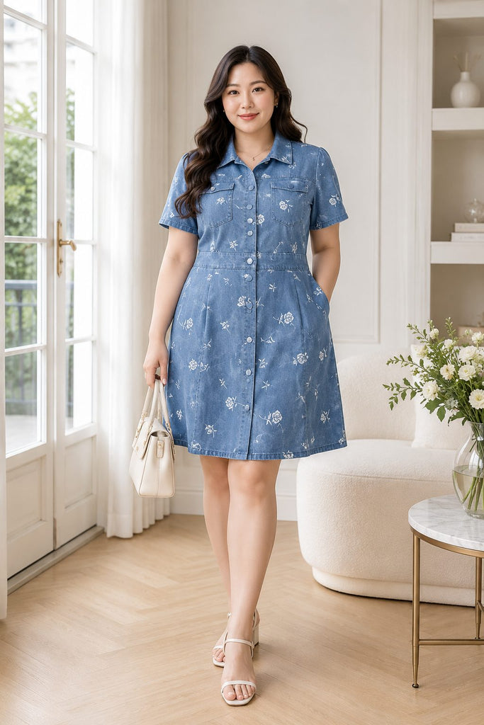 Plus Size Rose Print Denim Shirt Dress – Pluspreorder