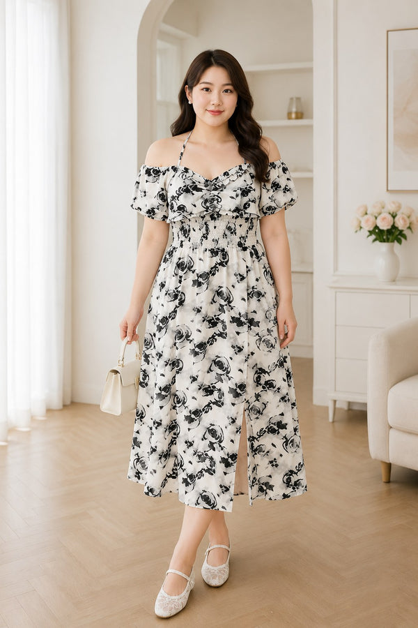 Plus size black rose square neck midi dress front view