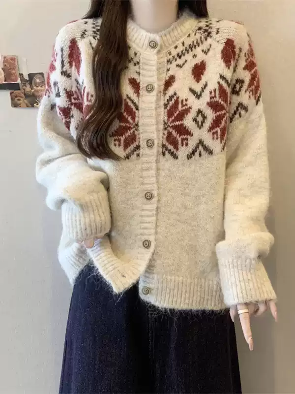 Plus Size Round Neck Button Down Christmas Sweater Cardigan