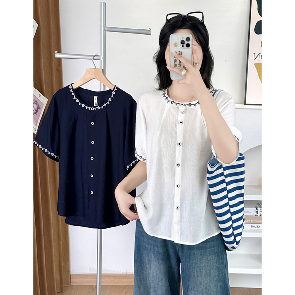Plus Size Round Neck Button Down Embroidery Blouse