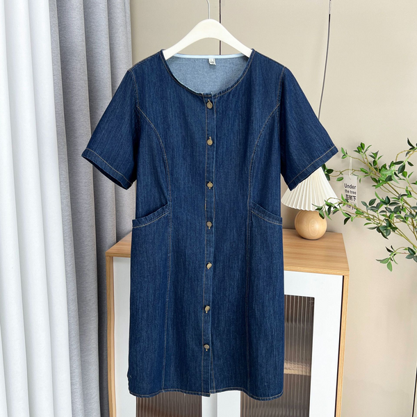Plus Size Round Neck Button Down Pockets A Line Short Sleeve Denim Dress