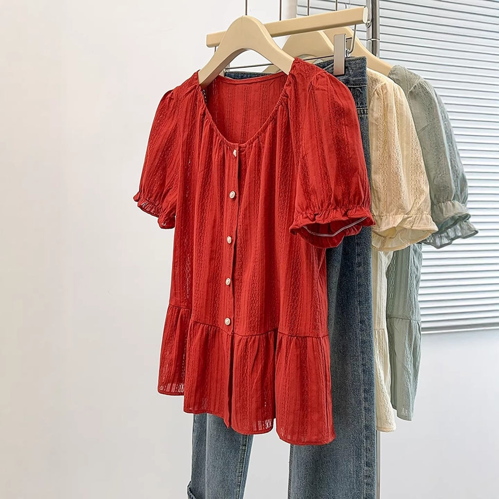 Plus Size Round Neck Button Peplum Short Sleeve Blouse