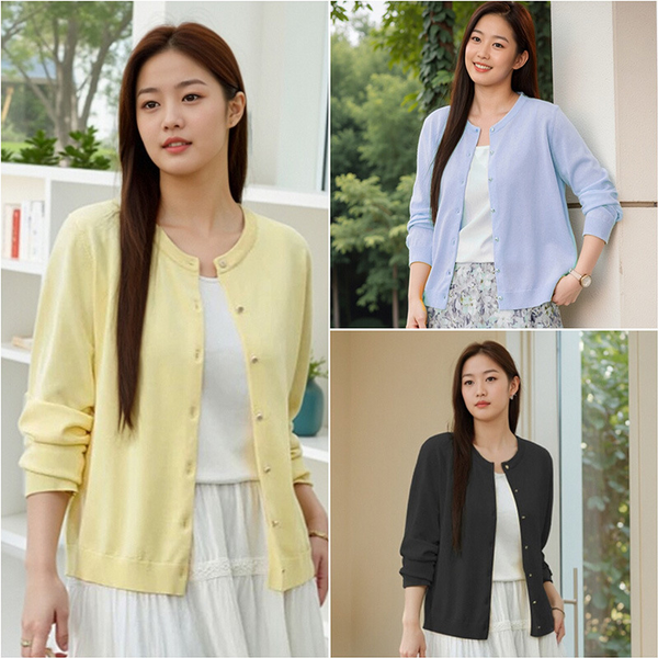 Plus Size Round Neck Buttons Cardigan