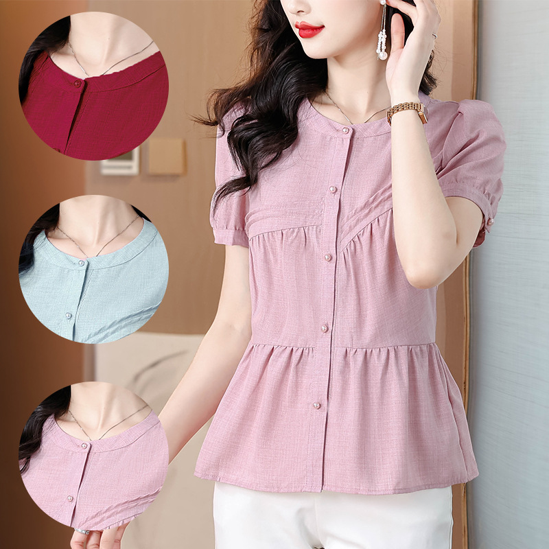 Plus Size Round Neck Buttons Peplum Short Sleeve Blouse