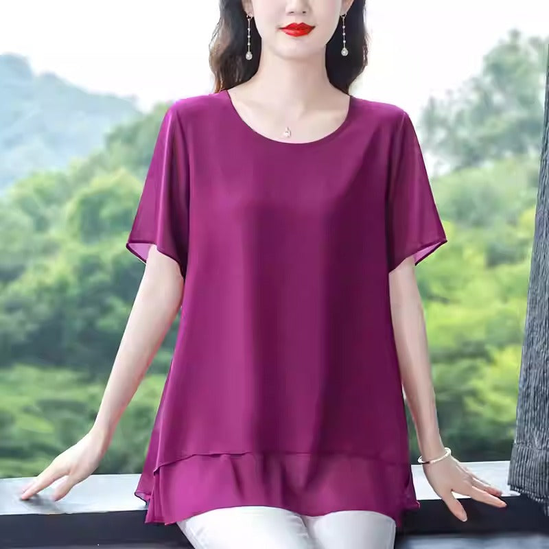 Plus Size Round Neck Double Layer Chiffon Blouse