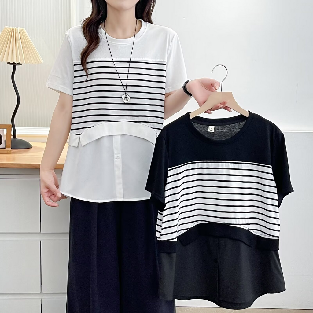 Plus Size Round Neck Korean Layer Stripes Blouse