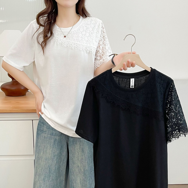 Plus Size Round Neck Lace Detail T Shirt
