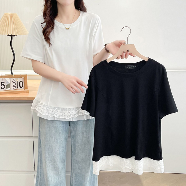 Plus Size Round Neck Lace Hem T Shirt