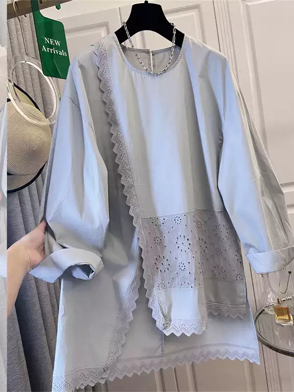 Plus Size Round Neck Lace Long Sleeve Tunic