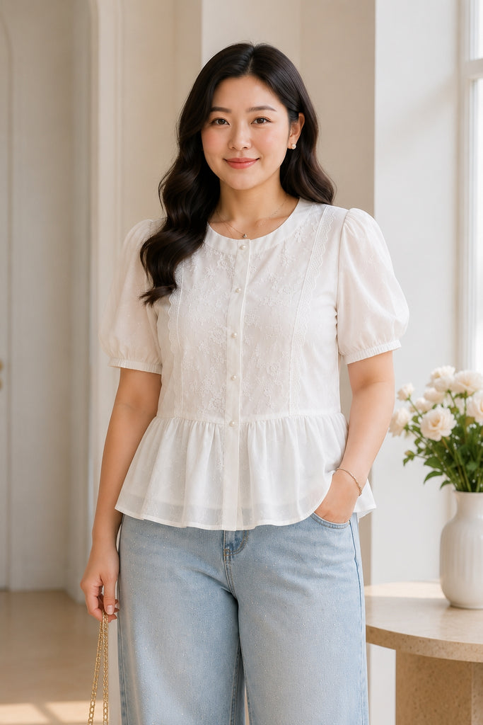 Plus size white round neck lace peplum button blouse front view