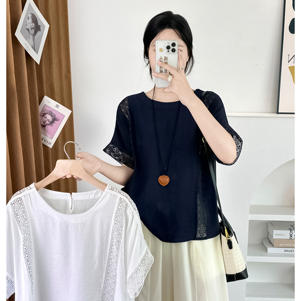 Plus Size Round Neck Lace Short Sleeve Blouse