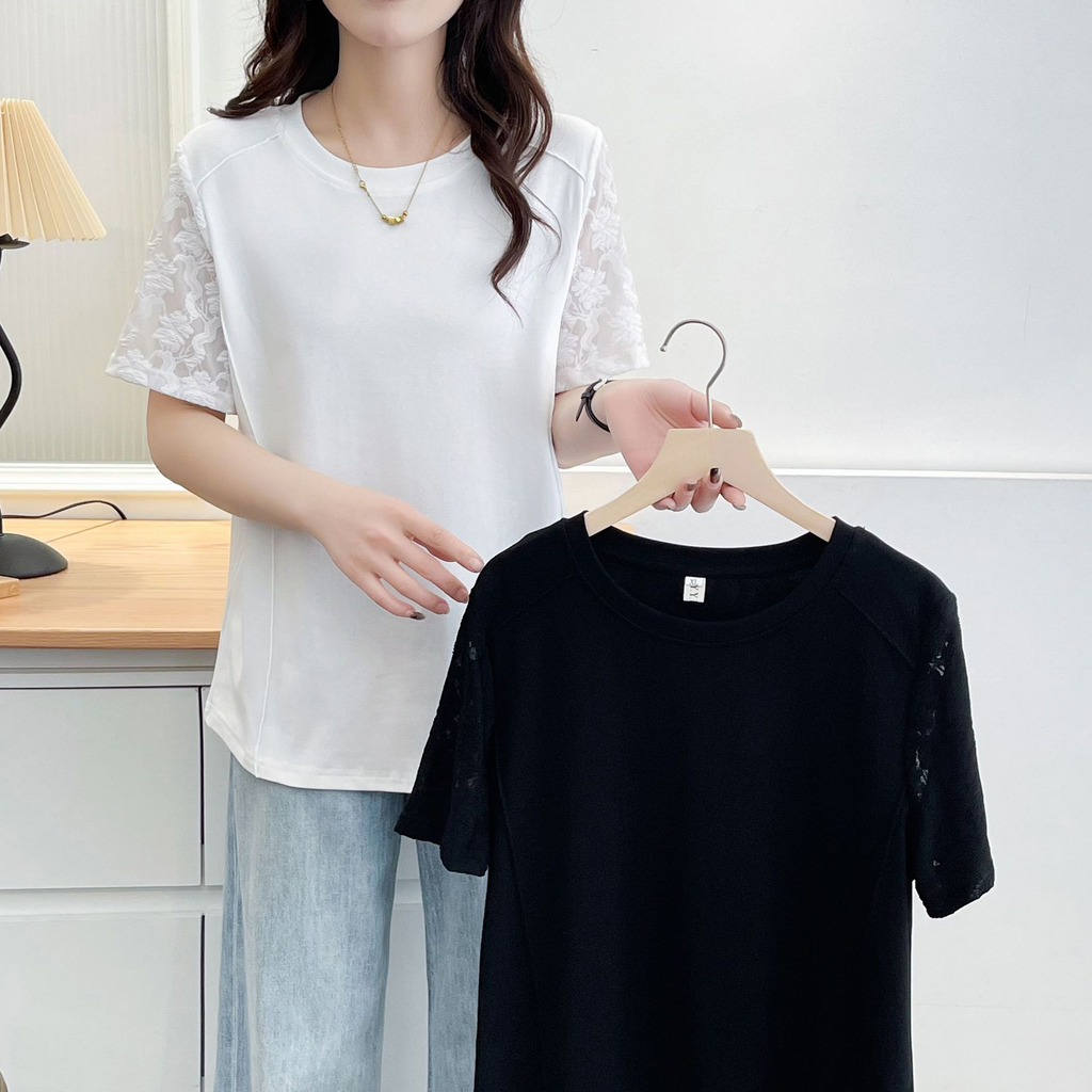Plus Size Round Neck Lace Sleeve Tee