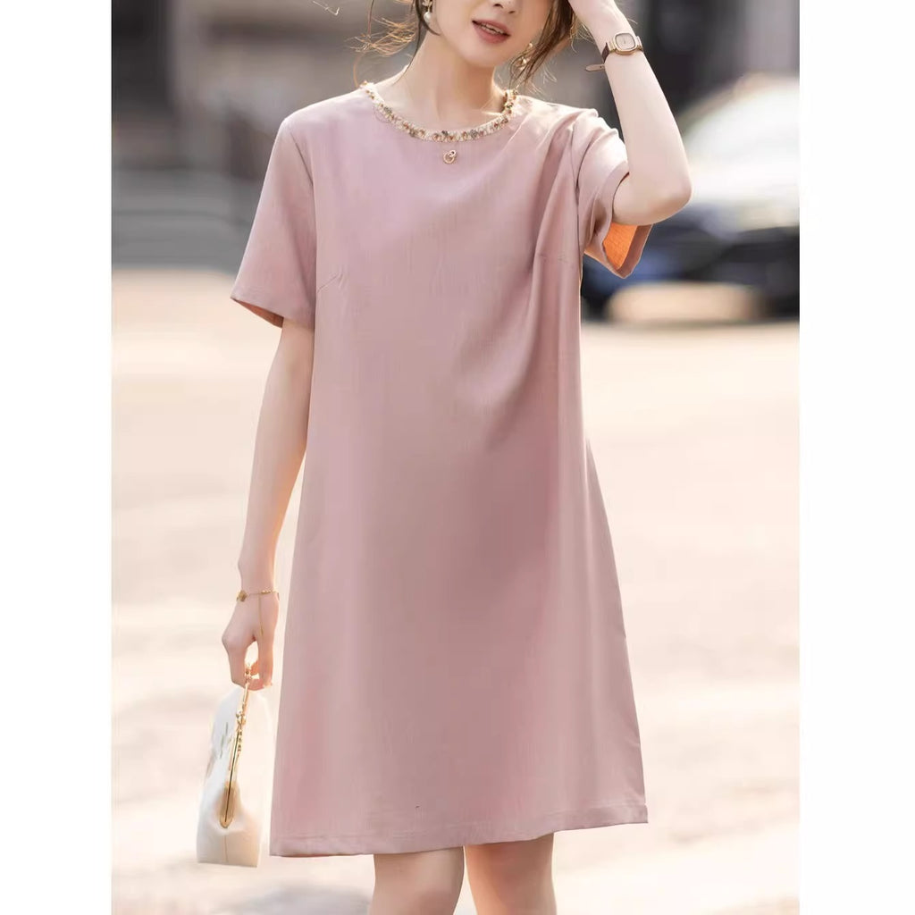 Plus Size Round Neck Pink Shift Dress