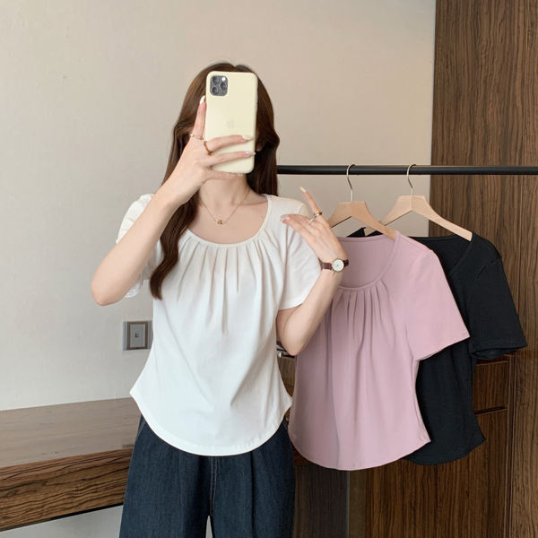 Plus Size Round Neck Pleat T Shirt