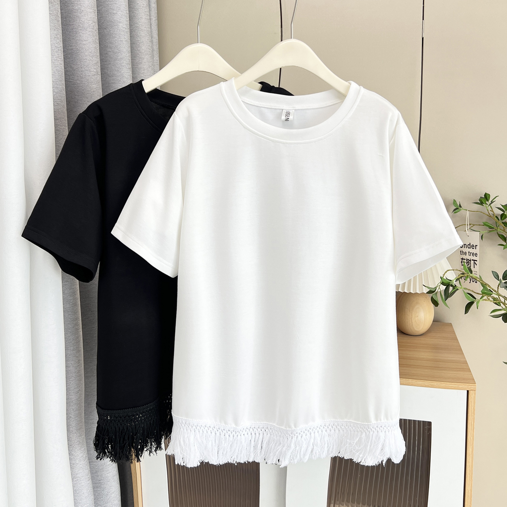 Plus Size Round Neck Tassel Hem Short Sleeve Blouse