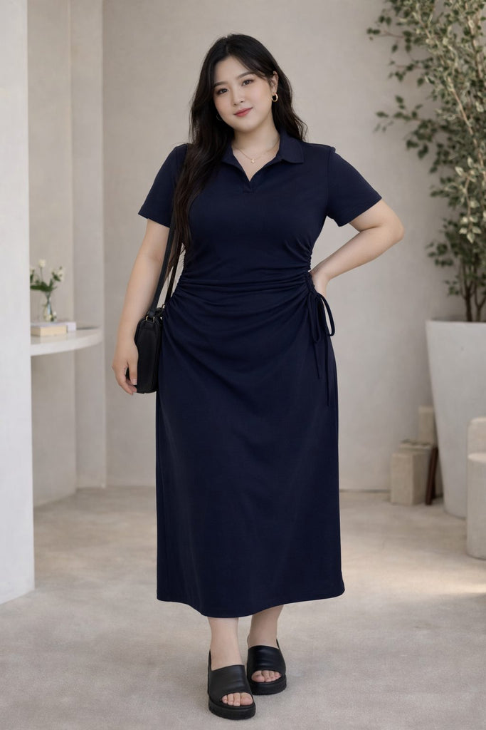 plus size navy ruched midi dress polo collar front view