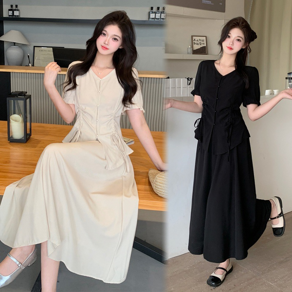 Plus Size Ruched Peplum Blouse And Skirt Set