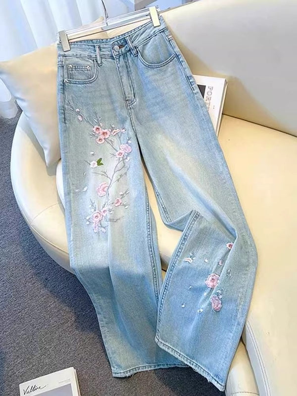 Plus Size Sakura Embroidery Denim Jeans