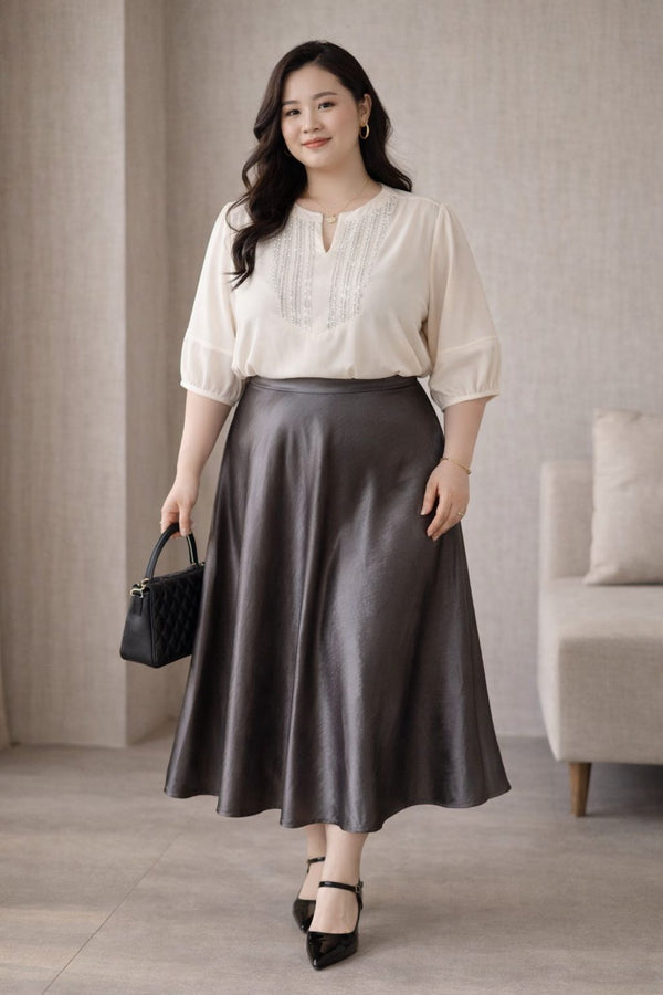 plus size dark grey satin a line midi skirt front view