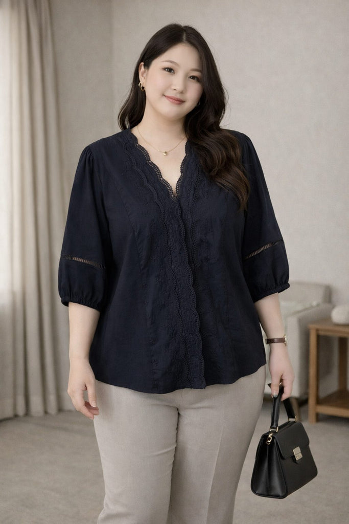 plus size navy lace blouse scalloped v neck front view