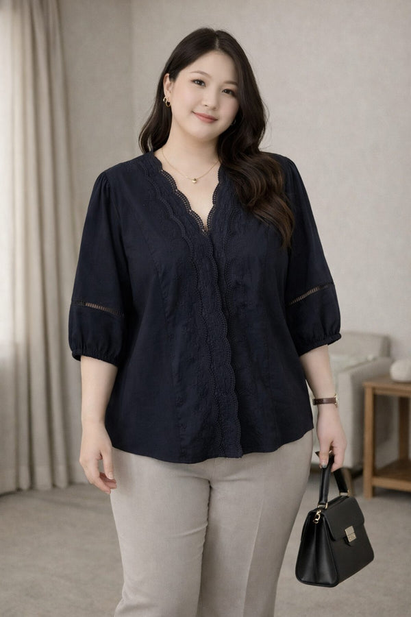 plus size navy lace blouse scalloped v neck front view