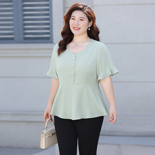 Plus Size Scallop Pastel Green Peplum Blouse