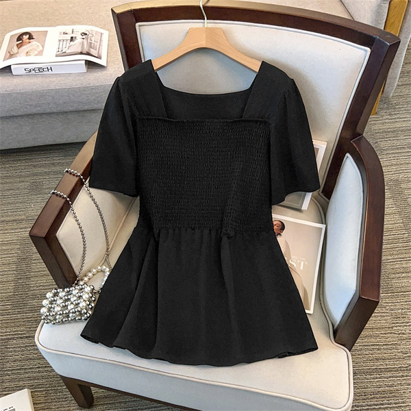 Plus Size Scrunch Square Neck Peplum Top (EXTRA BIG SIZE)