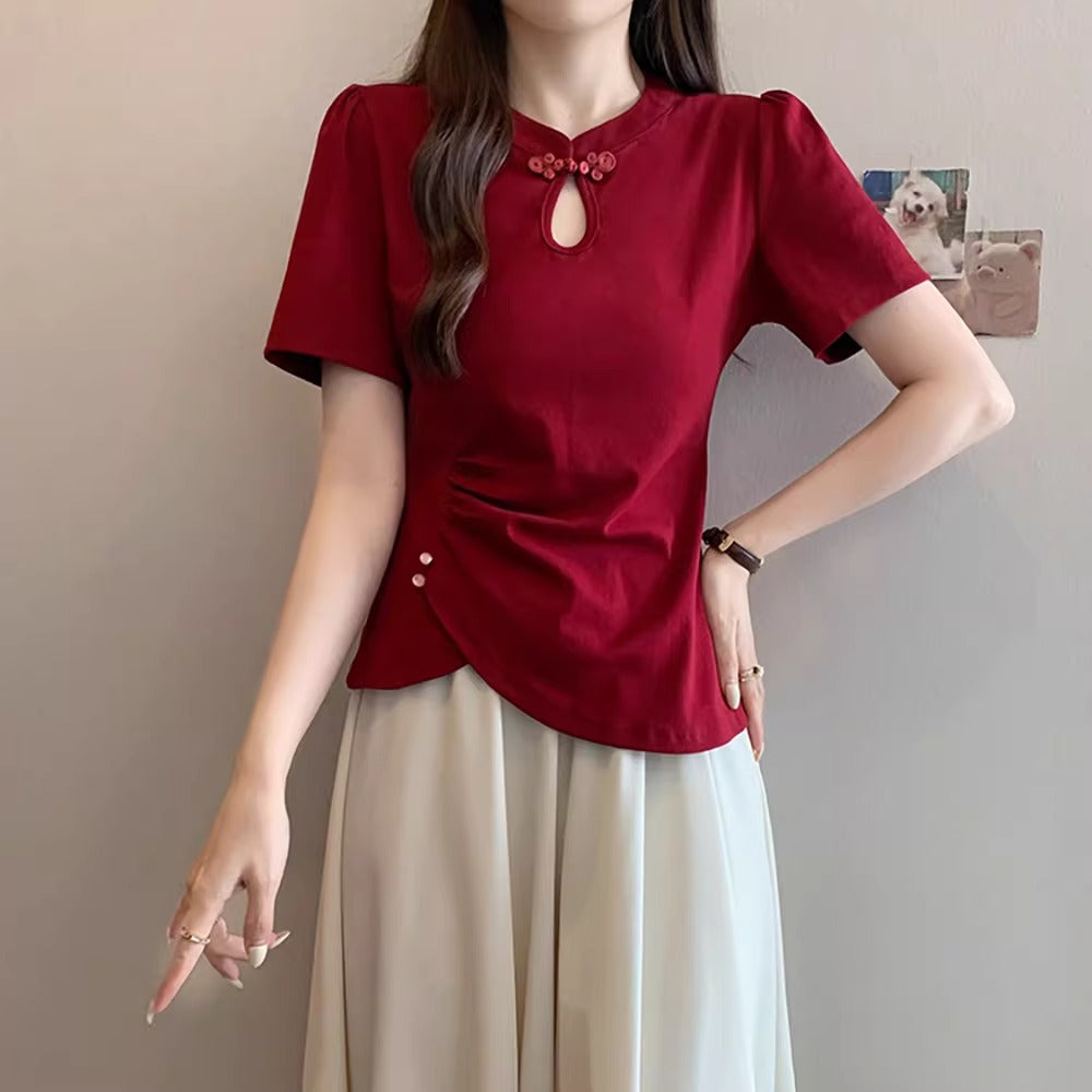 Plus Size Scrunch Waist Qipao Short Sleeve T-Shirt