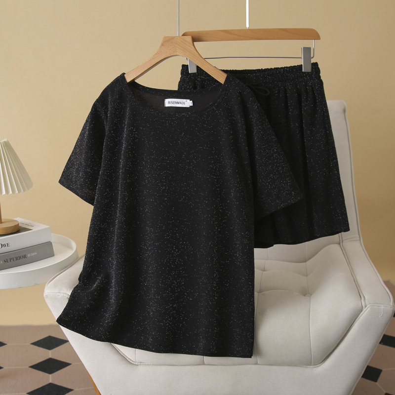 Plus Size Shimmer Black T Shirt And Shorts Set