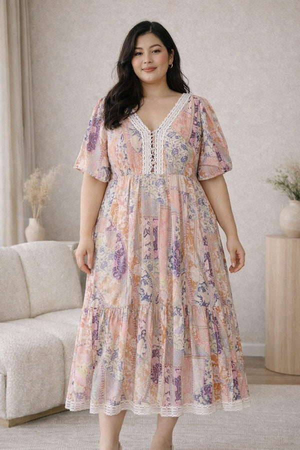 plus size bohemian print short sleeve midi dress front view