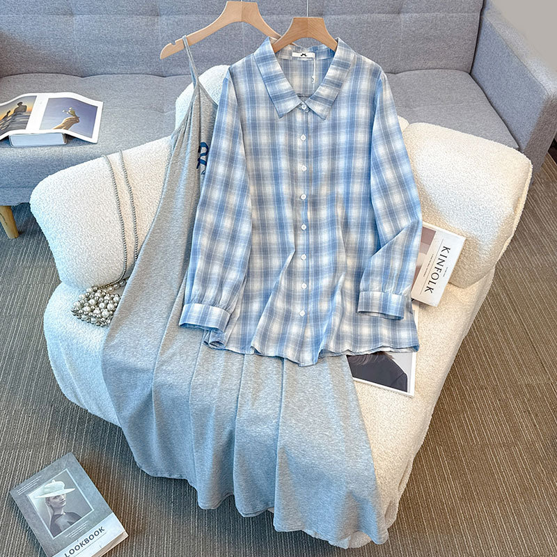 Plus Size Slogan Knit Cami Dress And Blue Checks Shirt Jacket Set (EXTRA BIG SIZE)