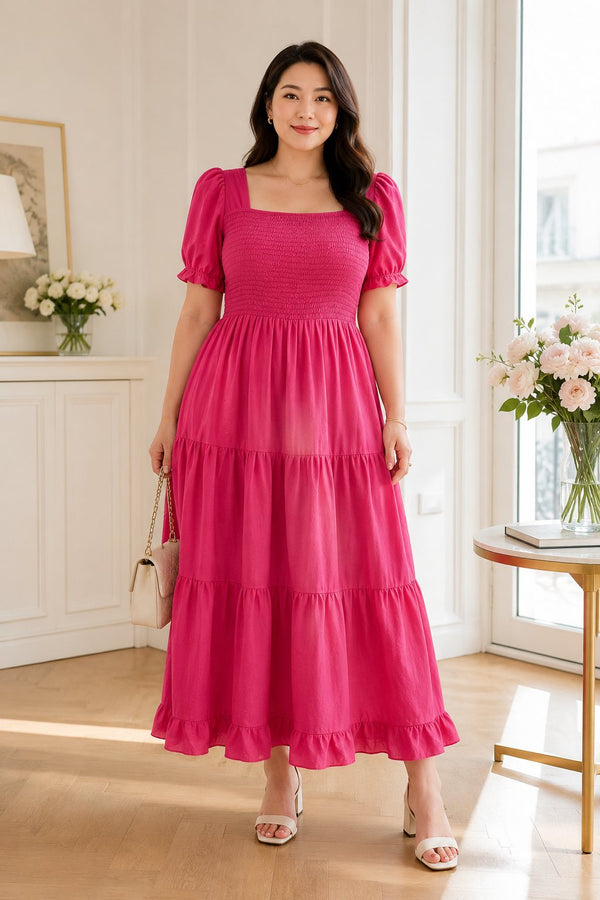 Plus size smocked bodice puff sleeve tiered maxi dress in fuchsia pink