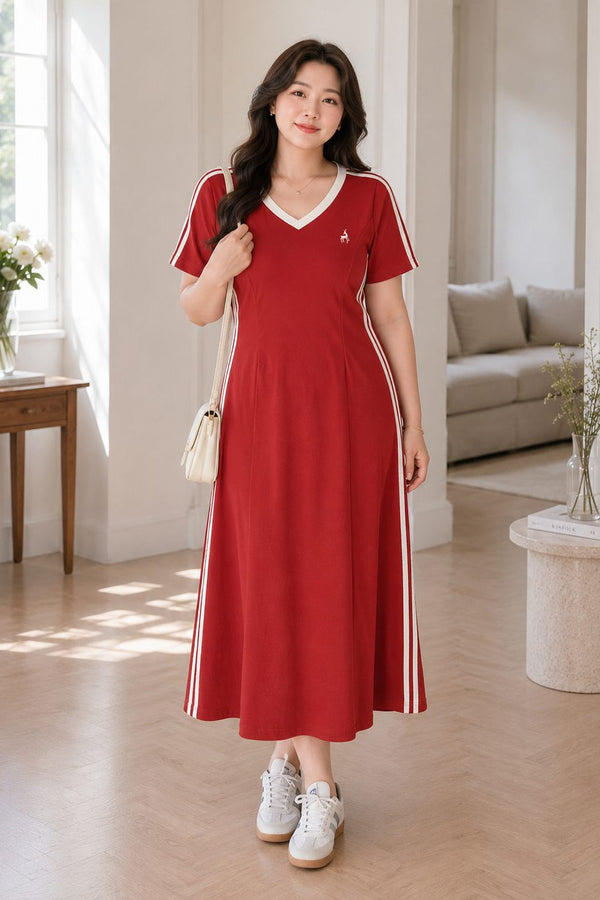 Plus size red sporty V-neck casual maxi dress front view