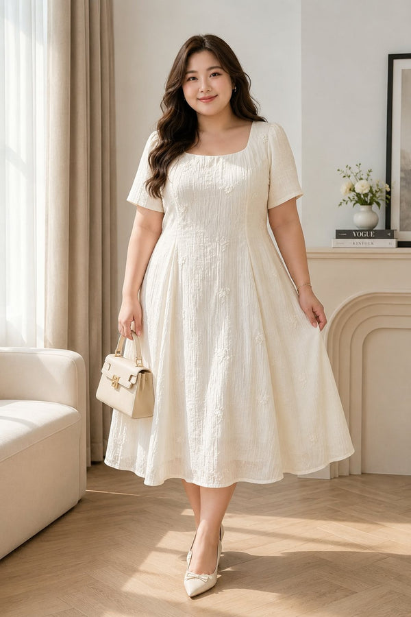 Plus size ivory square neck babydoll midi dress with 3D floral embroidery