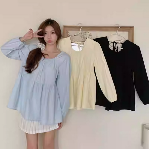 Plus Size Square Neck Babydoll Long Sleeve Blouse (Muslimah Friendly)