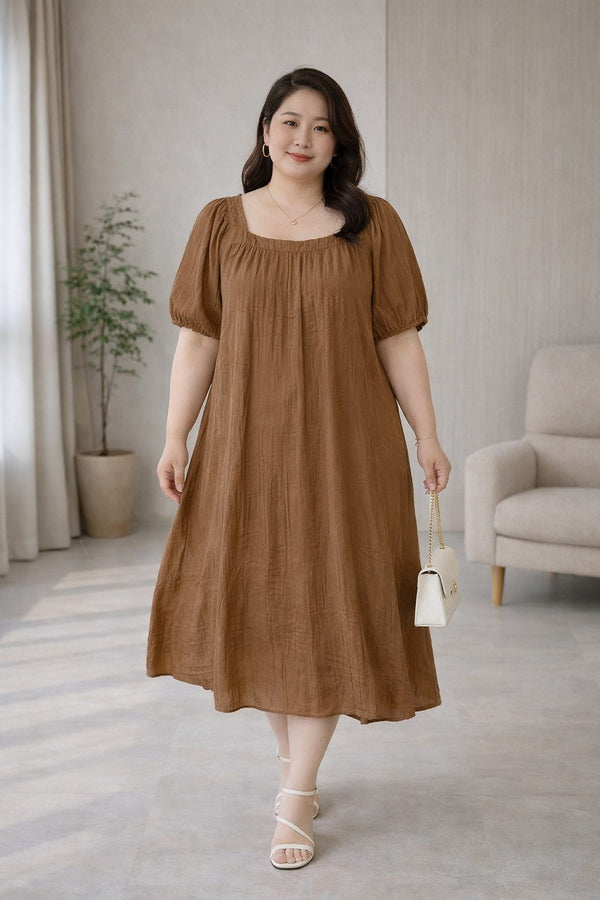 plus size brown square neck loose a line dress front view