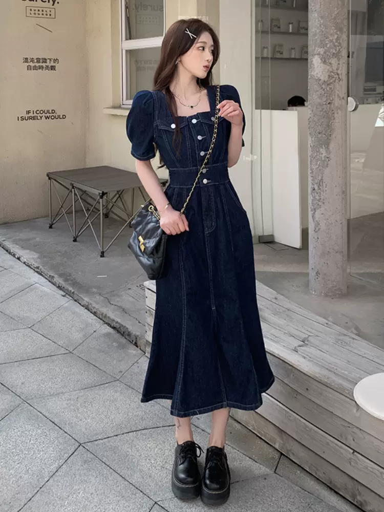 white christmas dresses Women's Denim Smocking Off Shoulder Mermaid Dress