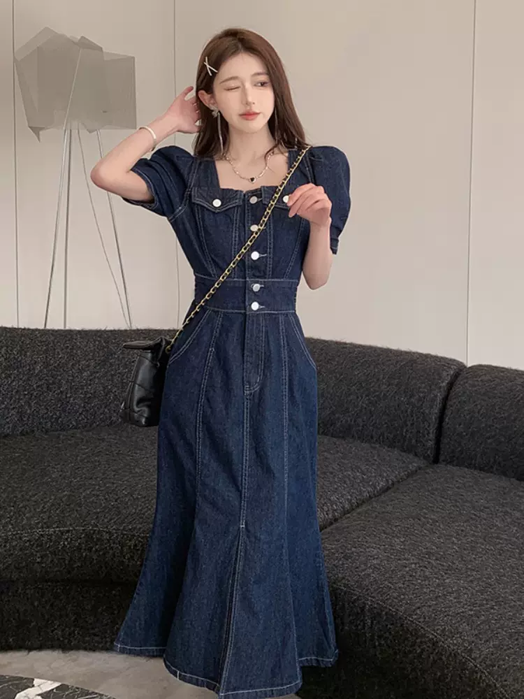 mermaid denim dress Plus Size Square Neck Mermaid Denim Dress – Pluspreorder