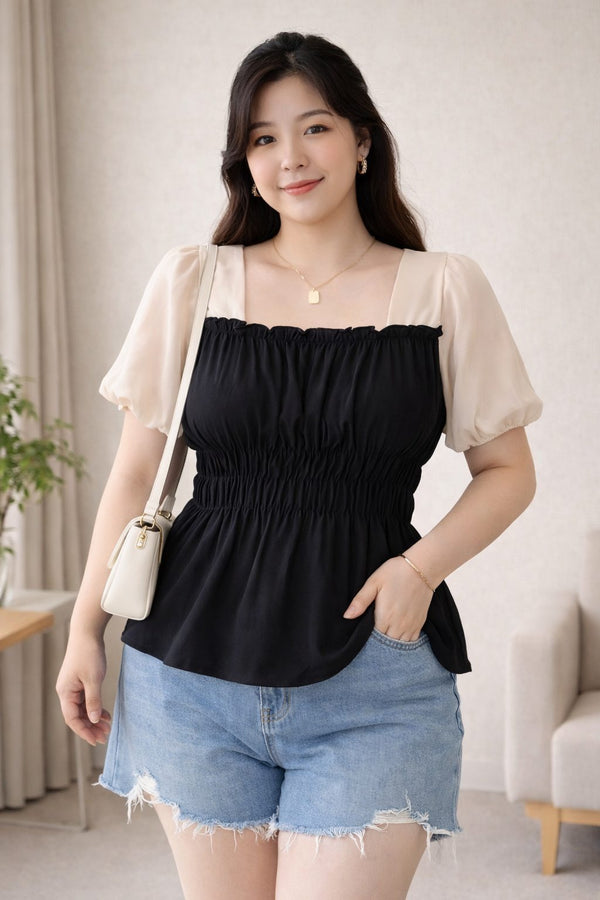 plus size black feminine top puff sleeves casual outfit front view
