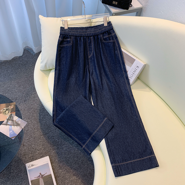 Plus Size Stretch Band Ankle Wide Leg Denim Pants